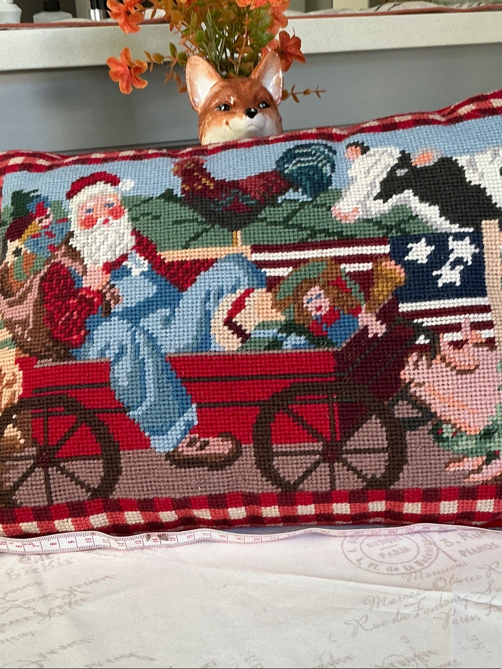 Holiday Needlepoint Pillow - Red Santa Farm Wagon Design